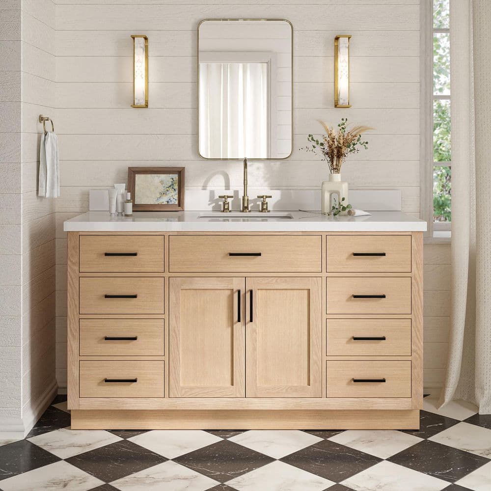 Hepburn 60 in. Single Sink Freestanding Bathroom Vanity in Oak with Pure White Quartz Top price history on PriceWatchPro
