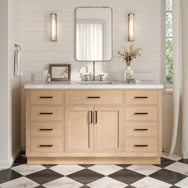 Hepburn 60 in. Single Sink Freestanding Bathroom Vanity in Oak with Pure White Quartz Top