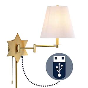 David 18.5 in. 1-Light Brass Gold Swing Arm Plug-In or Hardwired Iron LED Star Wall Sconce with Pull-Chain and USB Port