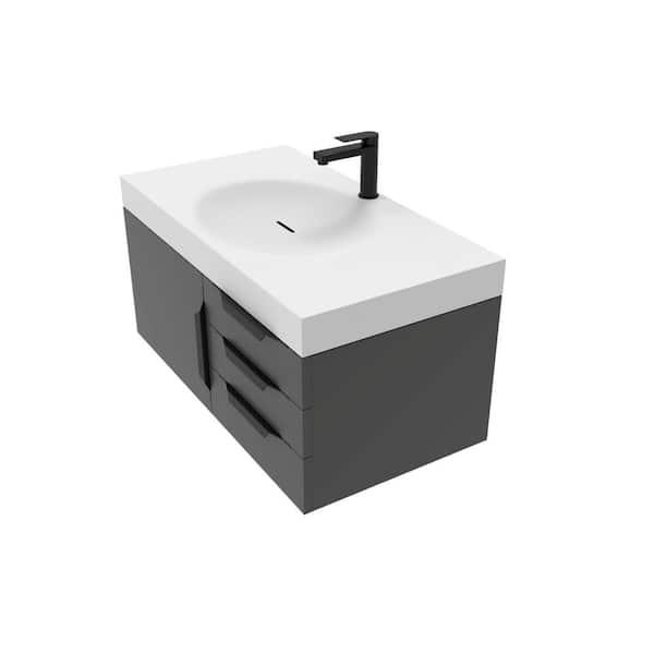 castellousa Thames 36 in. W x 19 in. D x 16.25 H Single Floating Bath Vanity in Matte Black w Black Trim w Solid Surface White Top