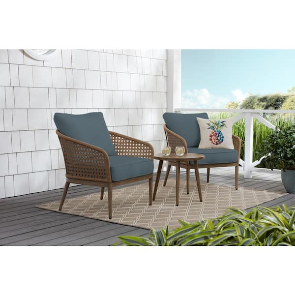 Hampton Bay Coral Vista 3-Piece Brown Wicker Outdoor Patio Bistro Set with Sunbrella Denim Blue Cushions