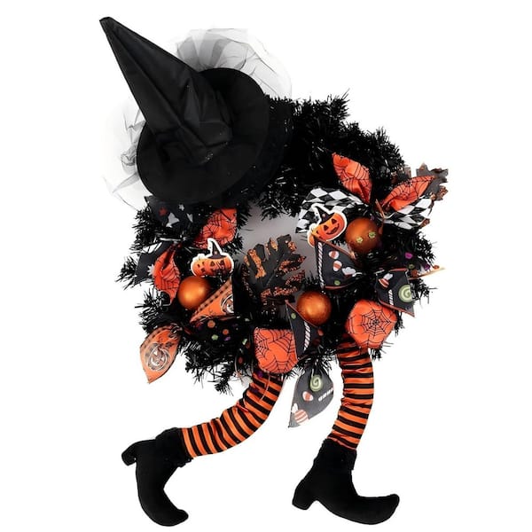 18 in. Happy Halloween Wreath with Skeleton, Artificial Bone Orange Ornaments Maple Leaf for Party Decor