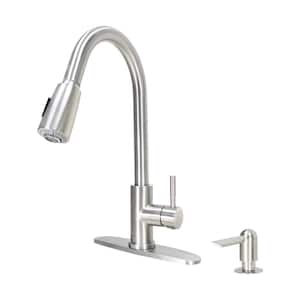 Single Handle High Spout Pull-Down Dual Sprayer Stainless Steel Kitchen Faucet with Soap Dispenser in Stainless Steel