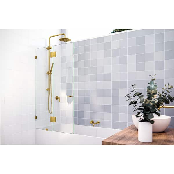 Halo 34 in. W x 58.25 in. H Glass Hinged Frameless Tub Door in Satin Brass with Clear Glass