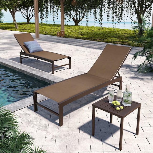 Pellebant 3-Piece Aluminum Adjustable Outdoor Chaise Lounge in Brown with Aluminum Table Set