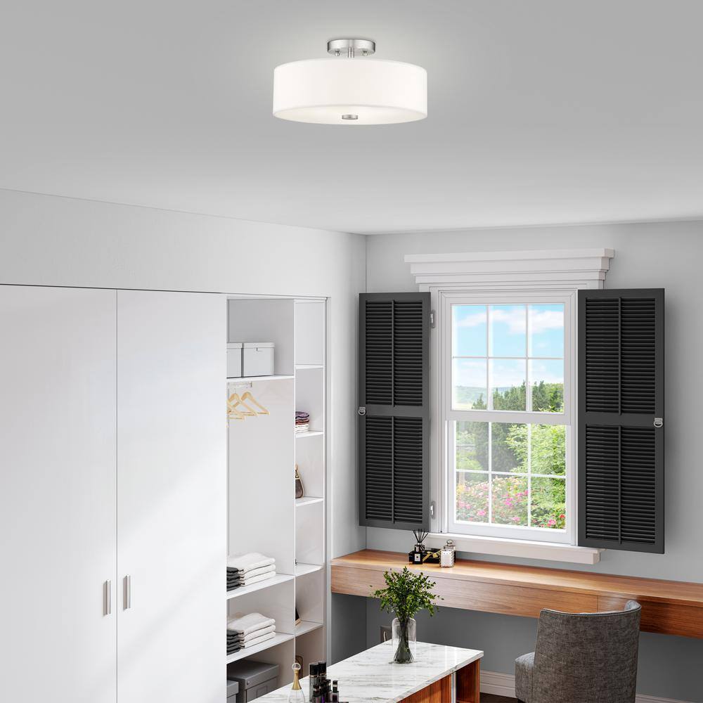 Brushed Nickel 3-Light Semi-Flush Mount with Off-White Shade