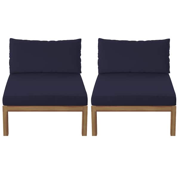 TK CLASSICS Acacia Outdoor Sectional Armless Sofa Seats with Navy Blue Cushions (Set of 2)