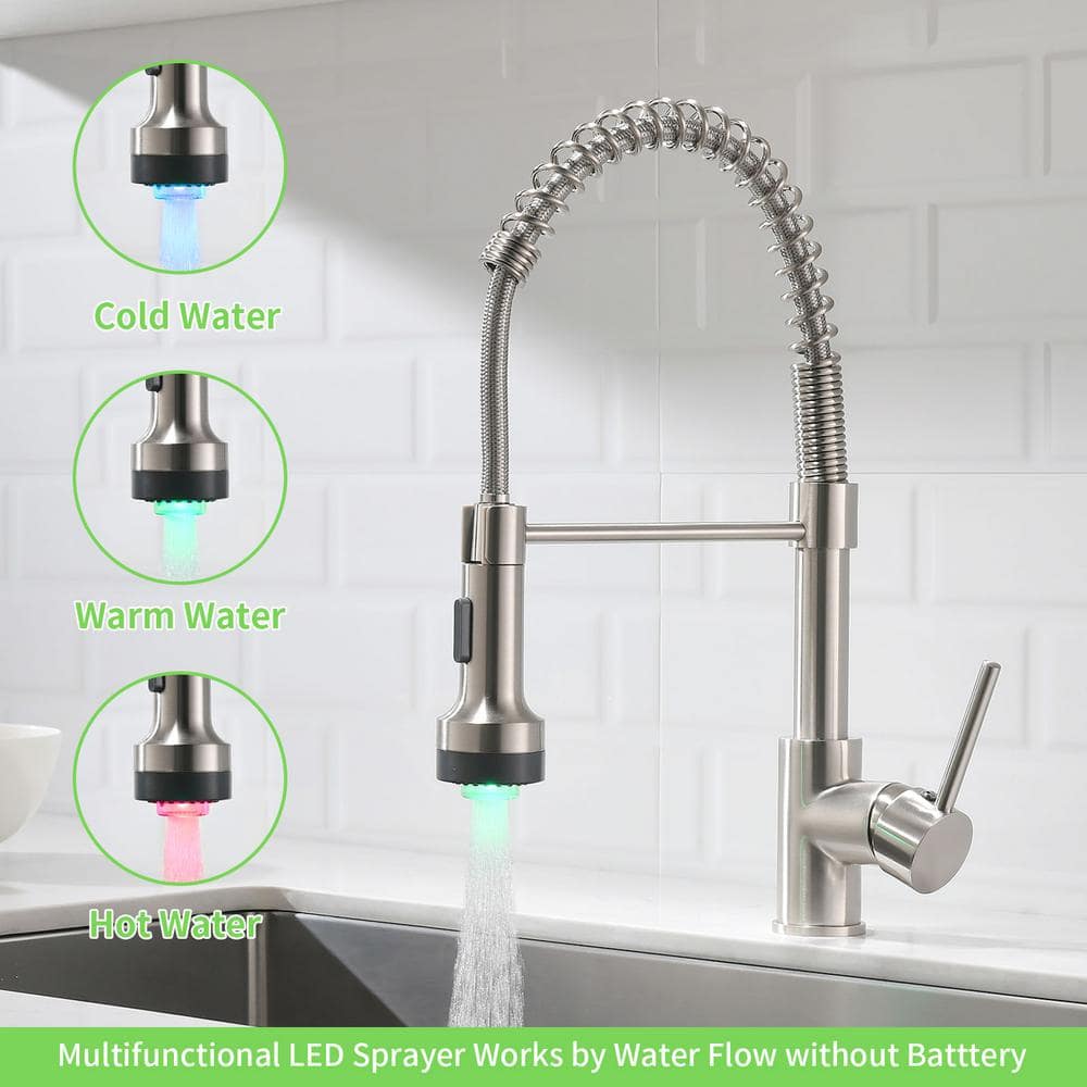 Brushed Nickel Pull-Down Kitchen Faucet with LED Light