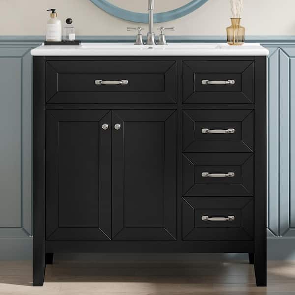 36 in. Single Sink Freestanding Black Bath Vanity with White Ceramic Top