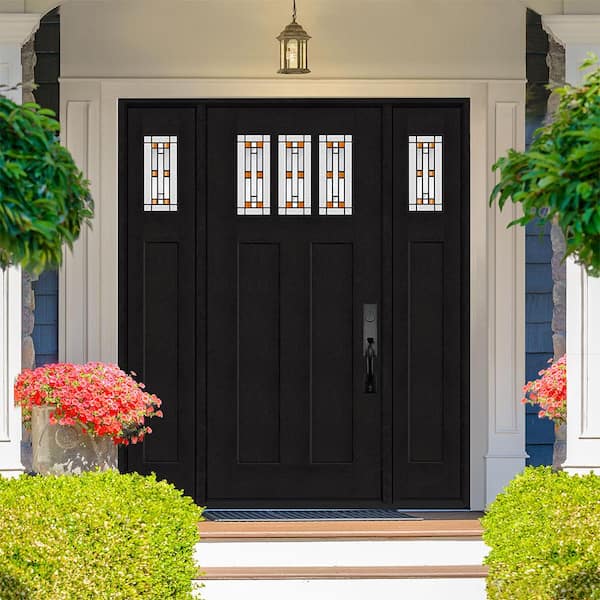 Regency 64 in. x 80 in. 3Lite Amberton Deco Glass LHIS Onyx Stain Fir Fiberglass Prehung Front Door w/Dbl 12in.SL