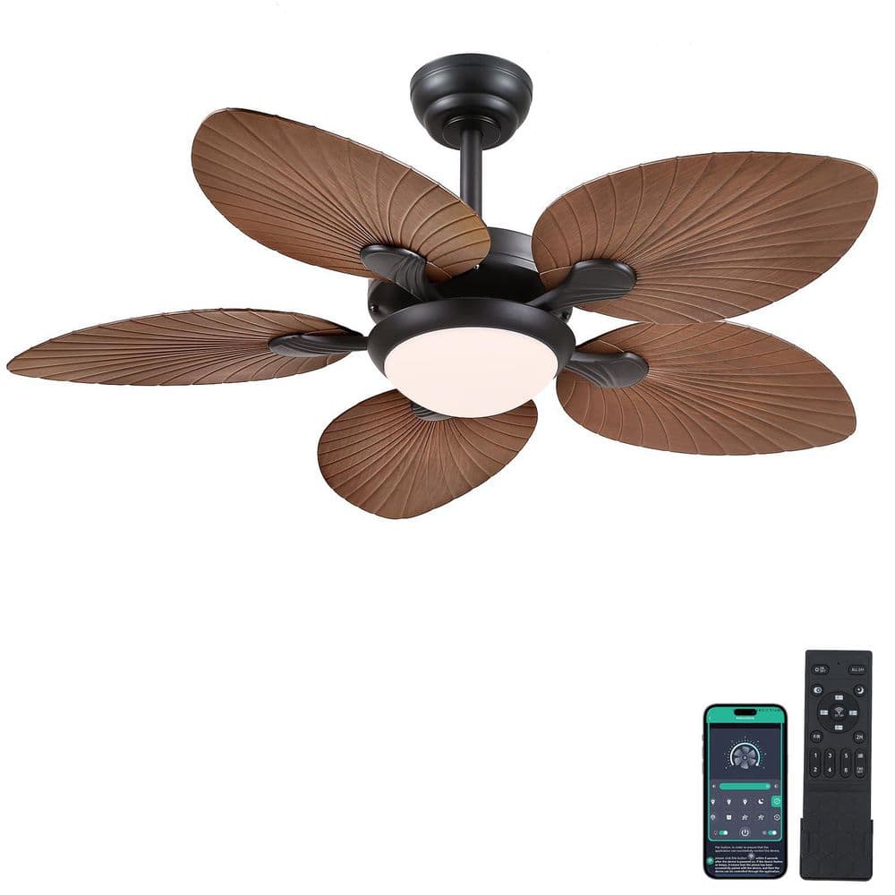 44 in. Indoor/Outdoor Light Black 5 ABS Tropical Palm Leaf Blades Downrod Ceiling Fan with LED Light and Remote Included price history on PriceWatchPro