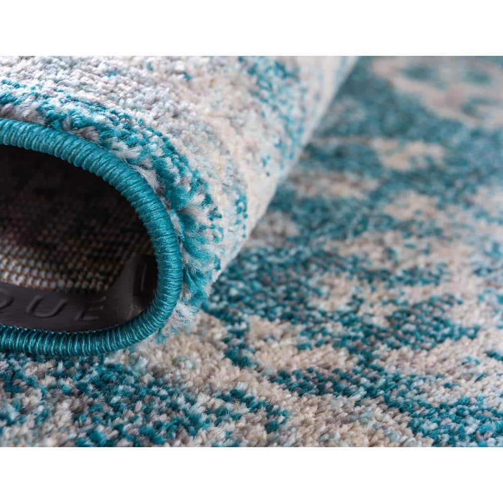 Turquoise Floral Synthetic Easy Care Rectangular Area Rug