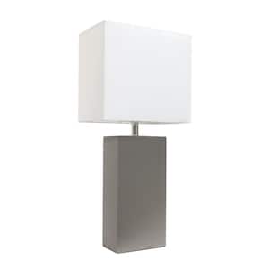 21 in. Modern Gray Leather Table Lamp with White Fabric Shade