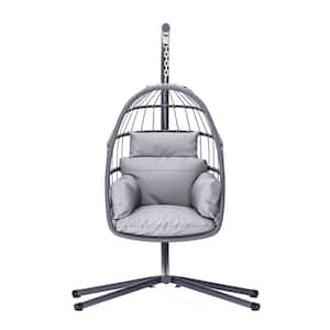 Indoor/Outdoor Foldable Steel Gray Single Seat Hanging Swing Chair with Stand, Soft Cushion, Rattan Hanging Chair