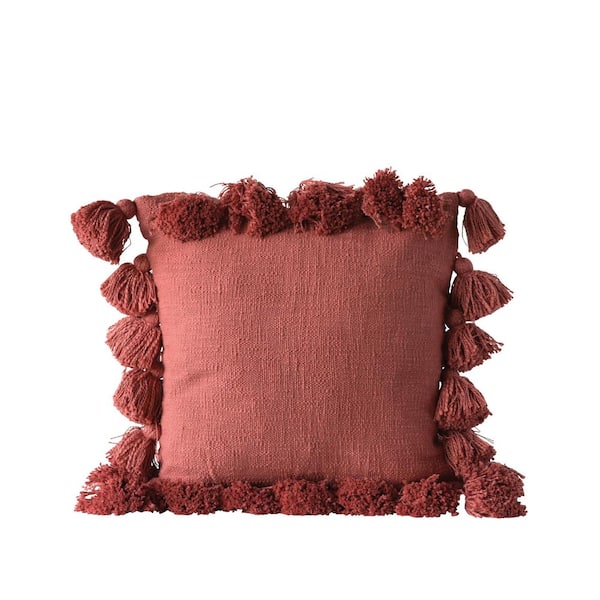 Storied Home Square Cotton Woven Pillow with Tassels, Russet