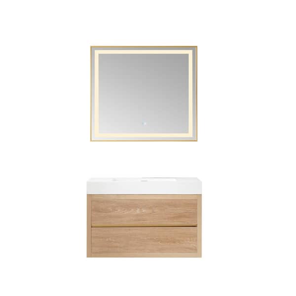 ROSWELL Palencia 36 in. W x 20 in. D x 24 in. H Single Sink Bath Vanity in N.American Oak W/White Composite Stone Top and Mirror
