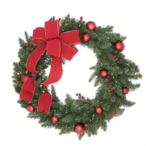 National Tree Company 36 in. Battery Operated Mixed Fir Artificial Wreath with 100 Clear LED Lights