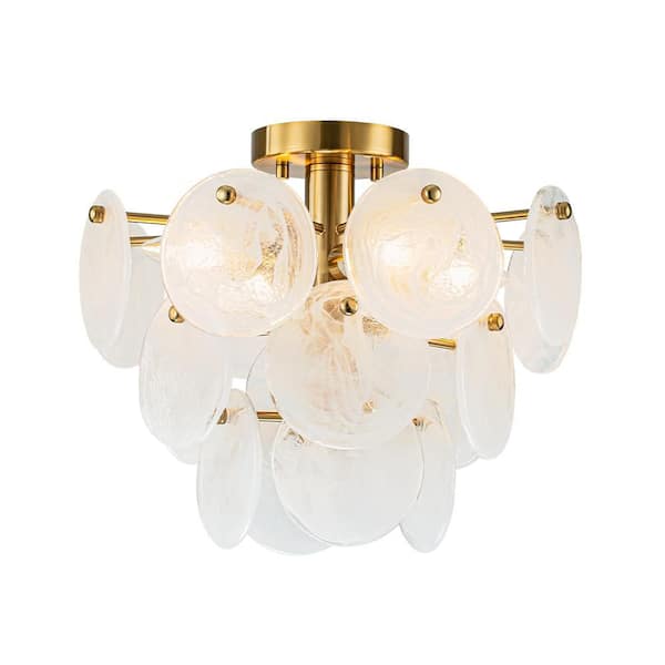 Carmen 4-Light 13.8 in. W Brass Semi-Flush Mount Tiered Chandelier with Marble Patterned Glass for Kitchen