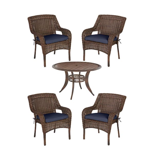 Hampton Bay Cambridge 5 Piece Brown Wicker Outdoor Patio Dining Set With Cushionguard Midnight Navy Blue Cushions 65 7148b5 The Home Depot