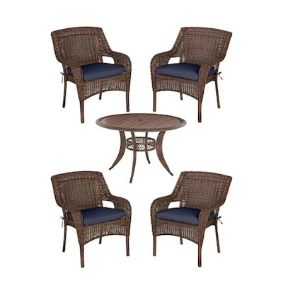 Cambridge 5-Piece Brown Wicker Outdoor Patio Dining Set with CushionGuard Midnight Navy Blue Cushions