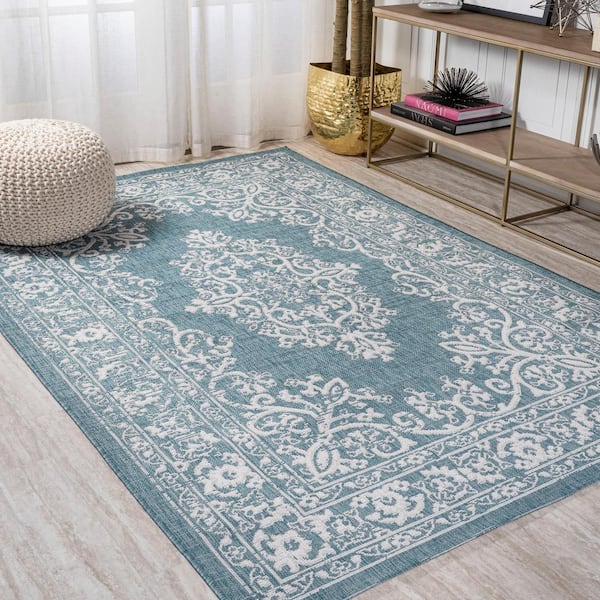 JONATHAN Y Galon Filigree Teal/Ivory 8 ft. x 10 ft. Indoor/Outdoor Area Rug