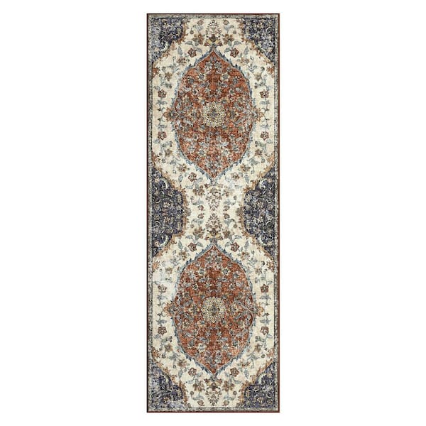 Vintage Printed Rug Low Pile Non-Slip Thin Carpet Living Room Decorative Carpet for Bedroom Kitchen Red，2X6ft