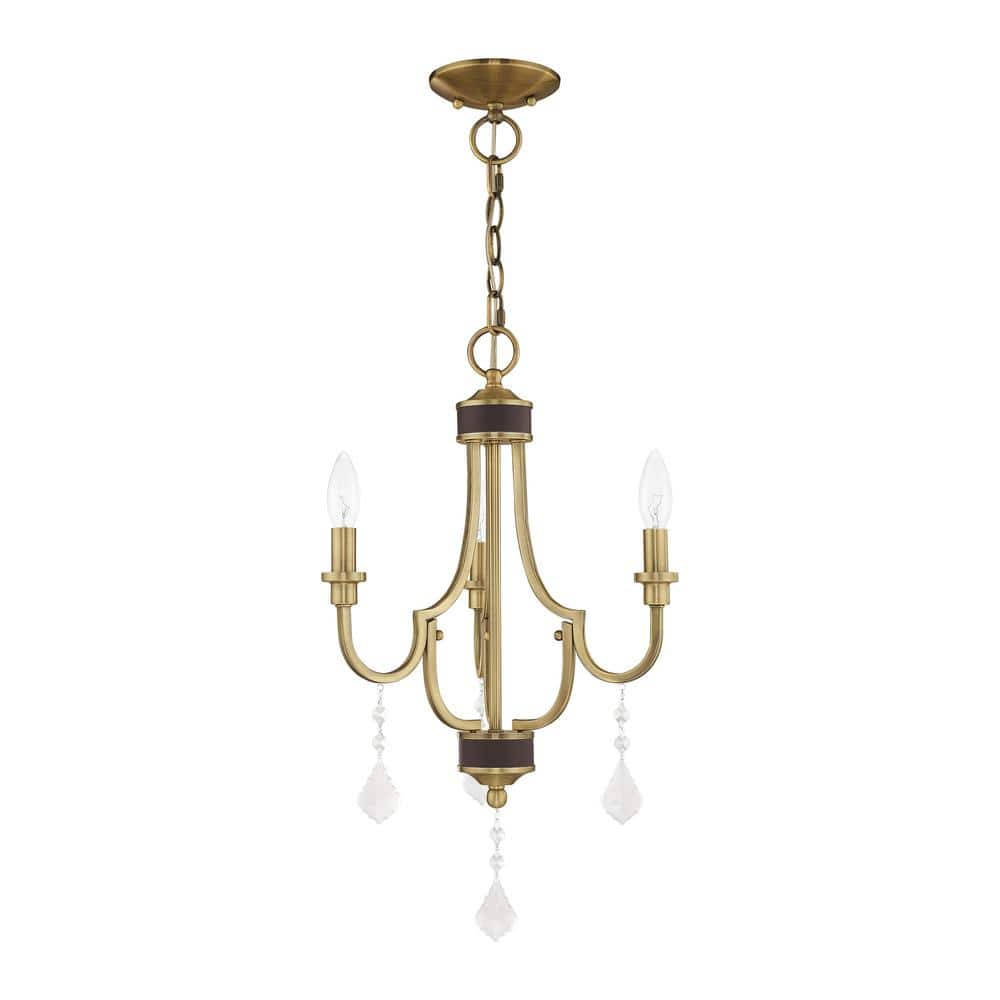 Antique Brass 3-Light Mini Chandelier with Clear Crystals