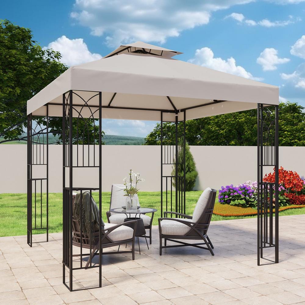 Beige Powder Coated Steel Patio Gazebo with Double Roof