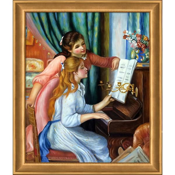 Young Girls at the Piano by Pierre-Auguste Renoir Muted Gold Glow Framed People Oil Painting Art Print 24 in. x 28 in.