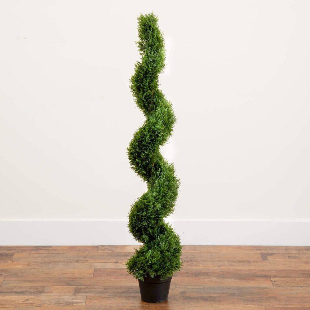 4-Foot Green Spiral Silk Cedar Topiary in Black Pot