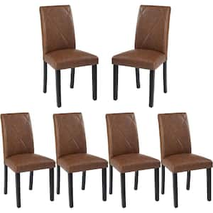 Dining Chairs Set of 6 Brown Modern PU Leather and High Back Solid Wood Legs, Upholstered Kitchen Chairs for Dining Room