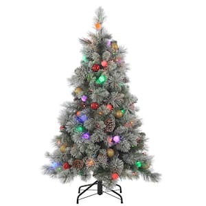 4.5 ft. Pre-Lit Flocked Hard Needle Pine Artificial Christmas Tree with Pine Cones and Ornaments