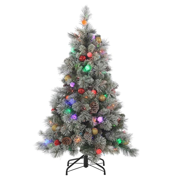 Sterling 4.5 ft. Pre-Lit Flocked Hard Needle Pine Artificial Christmas Tree with Pine Cones and Ornaments