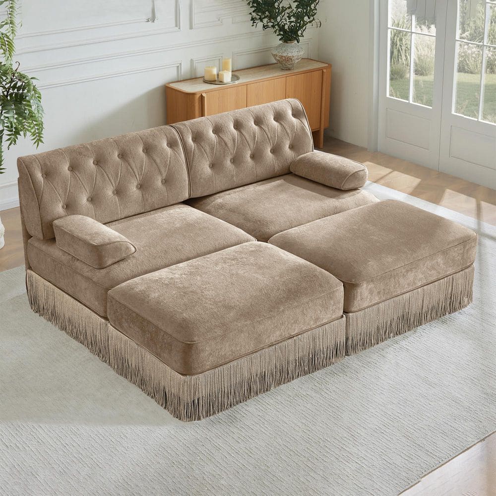 Modern 76.6 in. Curved Arms Velvet Tufted Modular Sectional Sofa Loveseat in Camel with 2 Ottomans and Skirt Base