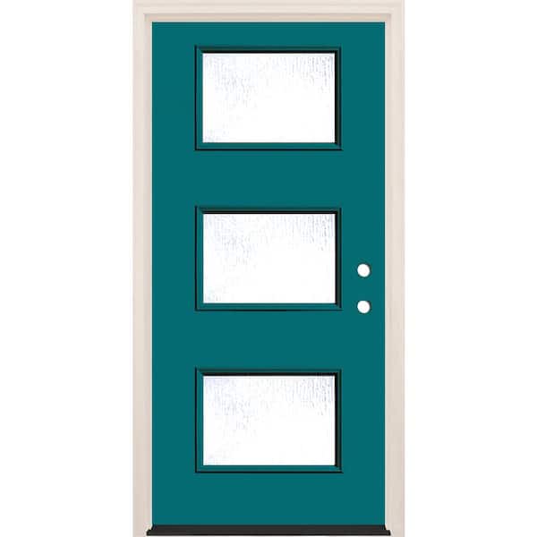Builders Choice 36 in. x 80 in. Left-Hand/Inswing 3-Lite Rain Glass Reef Painted Fiberglass Prehung Front Door w/6-9/16 in. Frame