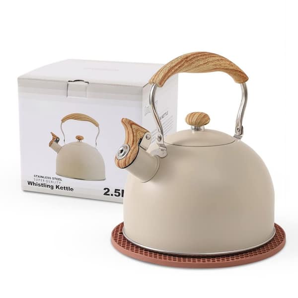 10-Cup Whistling 2.5 qt. White Food Grade Stainless Steel Stovetop Tea Kettle with Wood Pattern Folding Handle,