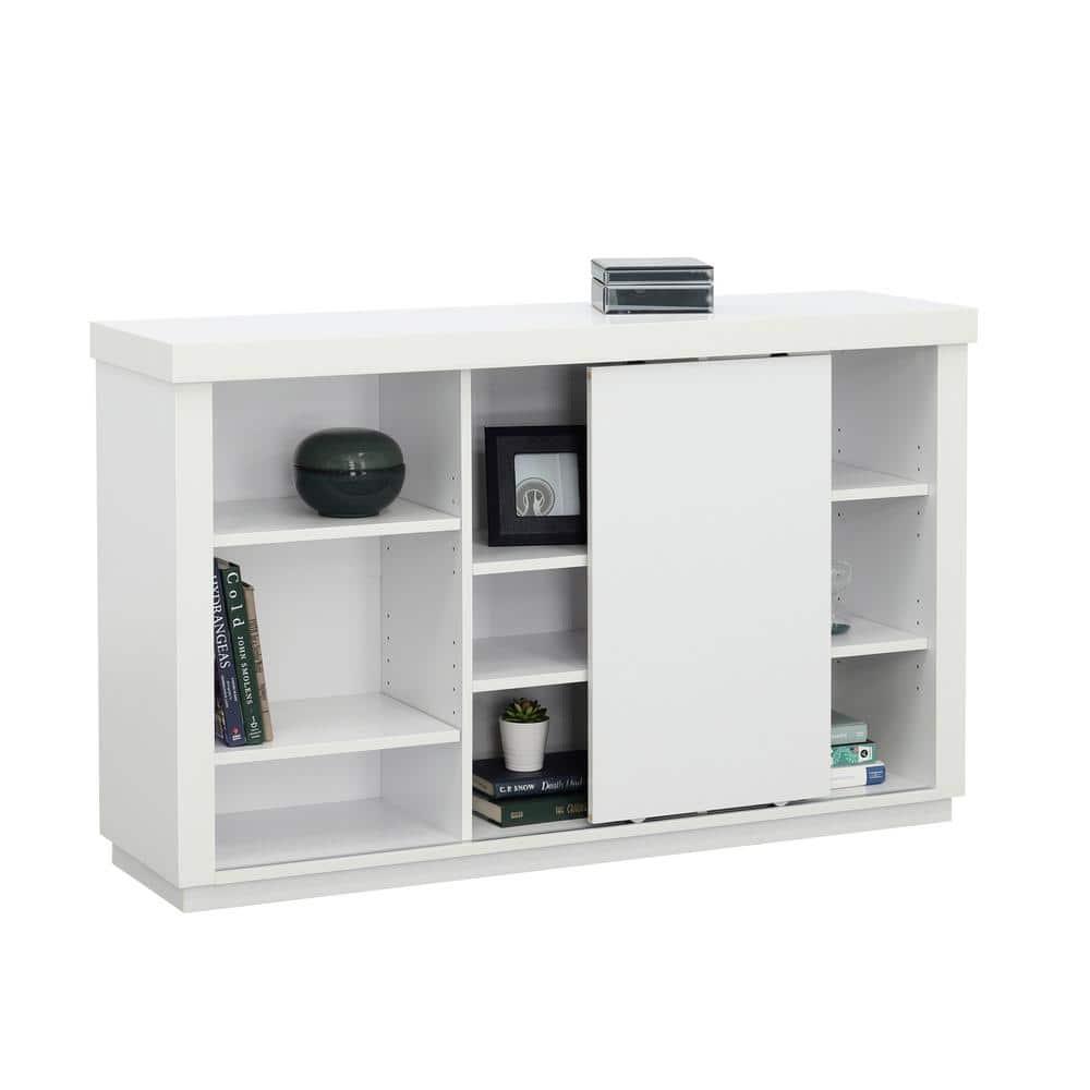 White Adjustable Wood Bookcase with Sliding Door