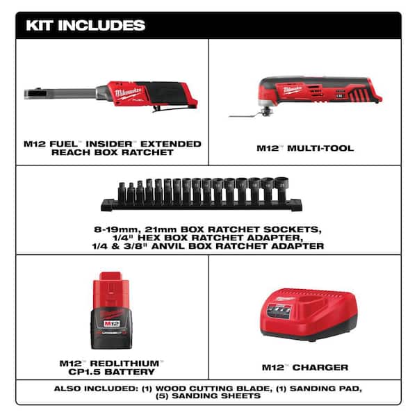 M12 FUEL INSIDER 12V Lithium-Ion Brushless 1/4-3/8 in. Extended Reach Box Cordless Ratchet Kit w/ Battery & Multi-Tool