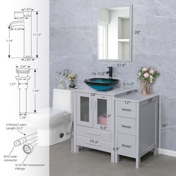 36 in. W x 20 in. D x 32 in. H Single Sink Bath Vanity in Gray with Glass Turquoise Top and Mirror ORB Faucet Drain Set