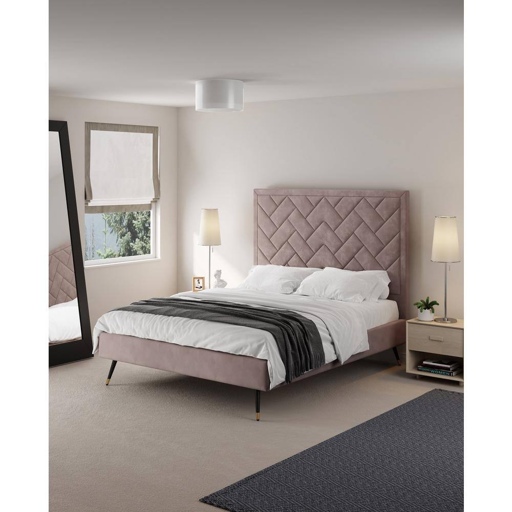 Blush Velvet Upholstered Queen Bed with Chevron Headboard