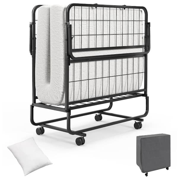 Cot/Twin Folding Bed 480 lb. Capacity Memory Foam Mattress + Pillow 10.5 in. Clearance 4 Wheels (2 Lockable) Washable