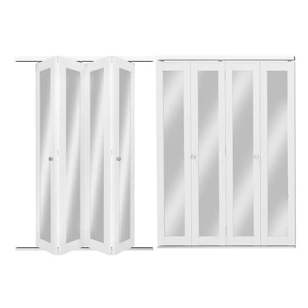 96 in. x 80 in. Mirrored Glass Solid Core White 1 Lite MDF PVC Covering 4-Panel Bi-Fold Door with Hardware