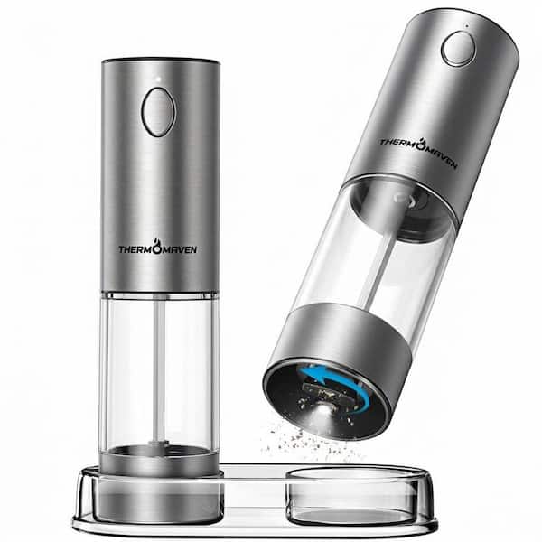 Stainless Steel Silver Electric Salt and Pepper Grinder Set with LED Light and 6 Adjustable Coarseness Levels