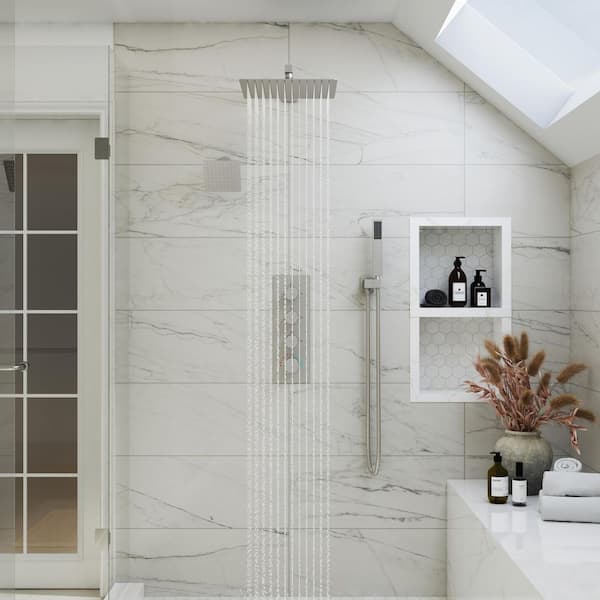 3-Spray 12 in. Thermostatic Wall Mount Rain Shower Faucet Dual Shower Head in Brushed Nickel