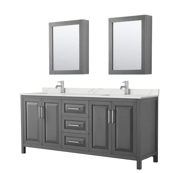 Wyndham Collection Daria 80 in. W x 22 in. D x 35.75 in. H Double Bath Vanity in Dark Gray with Giotto Quartz Top and Mirrors