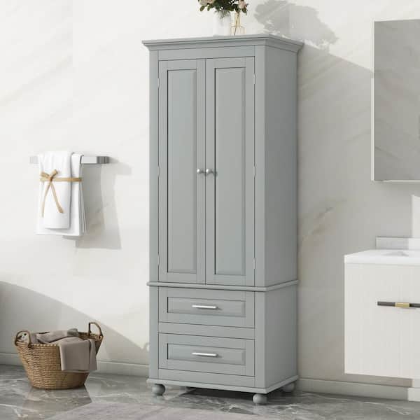 24 in. W x 15.7 in. D x 62.5 in. H Gray Linen Cabinet with 2-Drawers, Silver Handles and Adjustable Shelf