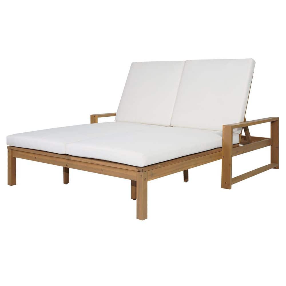 Double Outdoor Lounge Chair with Adjustable Backrests,Wood Patio Chaise Lounge with Beige Cushions, Light Teak price history on PriceWatchPro