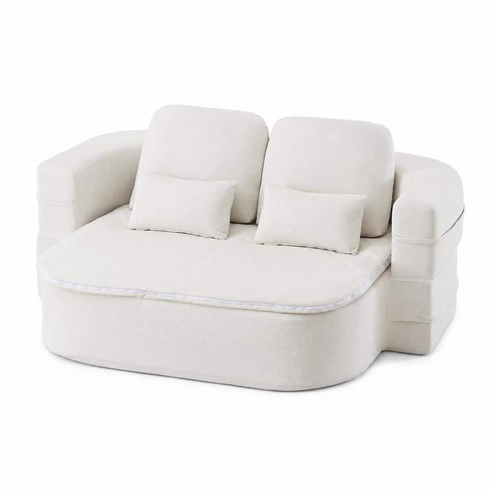 2-in-1 Foldable Floor Sofa 75 in. Beige Chenille Full Size Sofa Bed