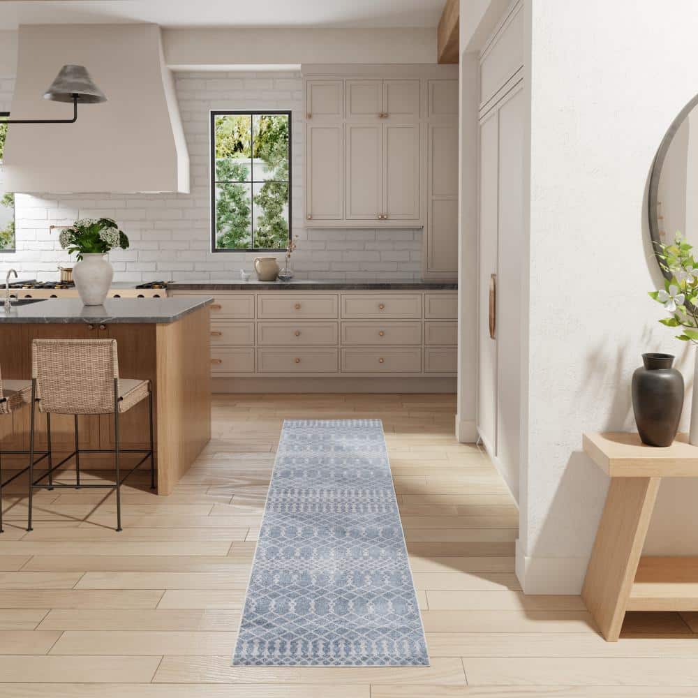 Astra Blue and Ivory Synthetic Trellis Runner Rug