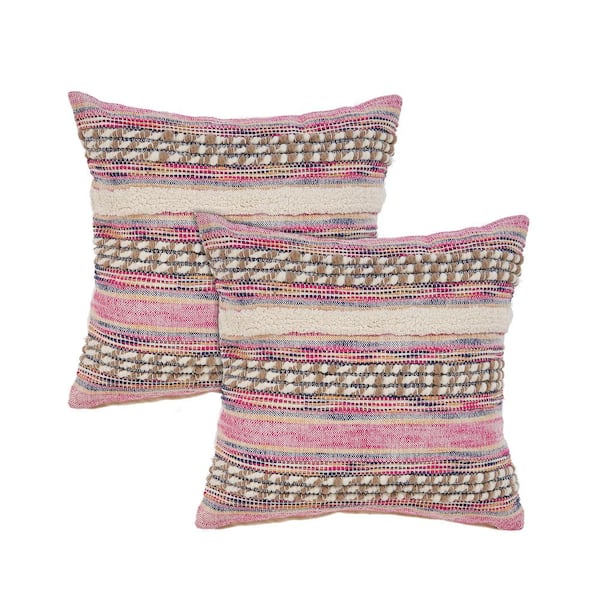 Unbranded Chindi Pink/Natural Stripe Cotton Blend 18 in. x 18 in. Indoor Throw Pillow (Set of 2)